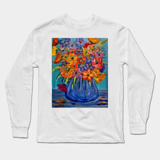 A lovely boutique of abstract bright and vibrant l flowers in a tall glass vase Long Sleeve T-Shirt